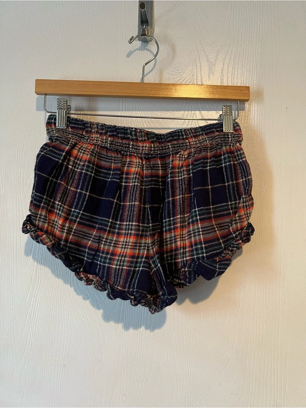 Aerie Navy Blue Plaid Flannel Ruffle Hem Pajama Set Women Sz XS